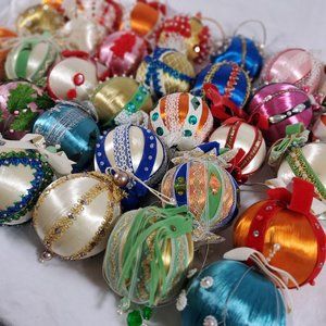 Vtg 57 pc Handmade Push Pin Beaded Sequin Satin Ball Christmas Ornament Lot MCM